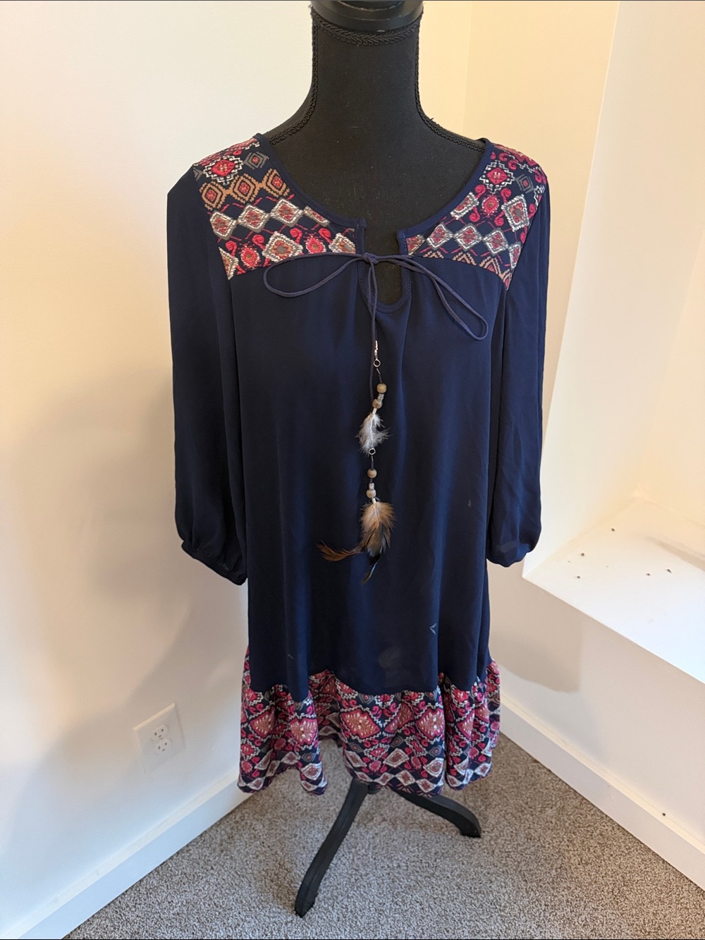 Boho Embroidered Navy Women's Dress with Feather Tie